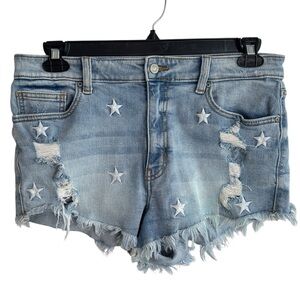 Eunina Jean Shorts Large Stretch Denim Lulu High Rise Distressed Embroider Stars